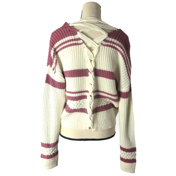 Rosie Harlow Creamy White & Mauve Stripe Laced Up Ribbon Back Sweater L NWOT - Picture 4 of 7